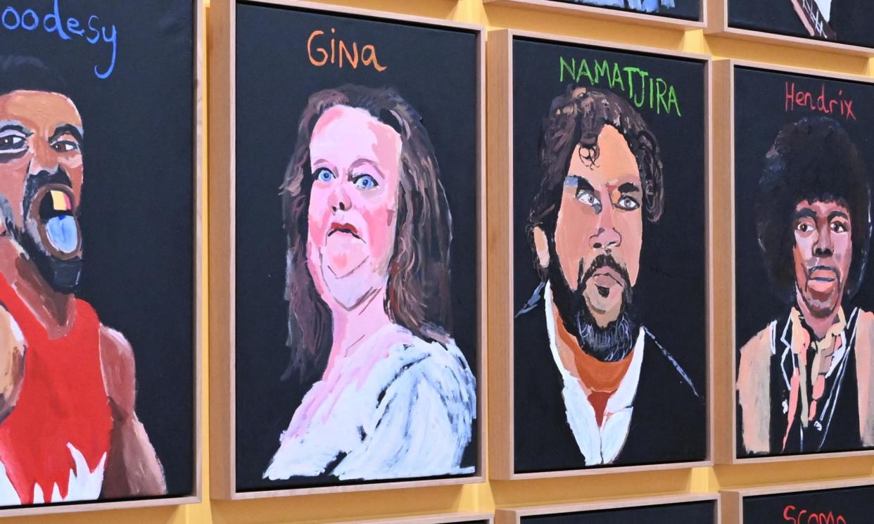 <span>Vincent Namatjira’s ‘Australia in Colour, 2021’, currently on display in the NGA, includes a portrait of Gina Rinehart and the artist alongside other famous faces.</span><span>Photograph: Lukas Coch/AAP</span>