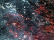 <p>La línea de fuego en Santa Rosa se puede ver en esta imagen satelital infrarroja. </p>
