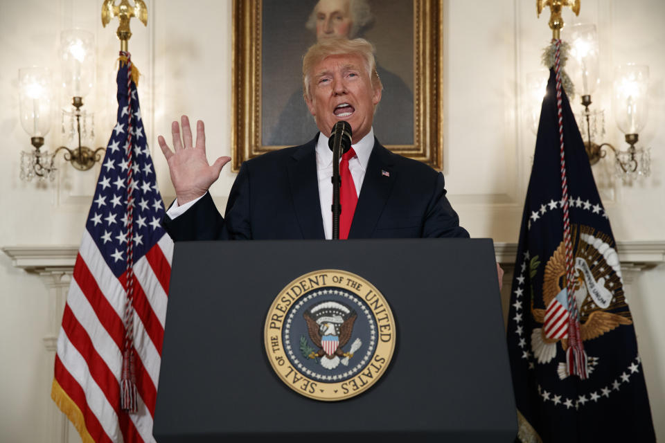 President Donald Trump speaks about the deadly white nationalist rally in Charlottesville, Va., on Aug. 14, 2017, in the Diplomatic Reception Room of the White House in Washington. (Photo: Evan Vucci/AP)