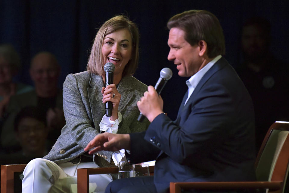 FILE - Florida Gov. Ron DeSantis speaks at an event with Iowa Gov. Kim Reynolds on Friday, March 10, 2023, in Davenport, Iowa. (AP Photo/Ron Johnson, File)