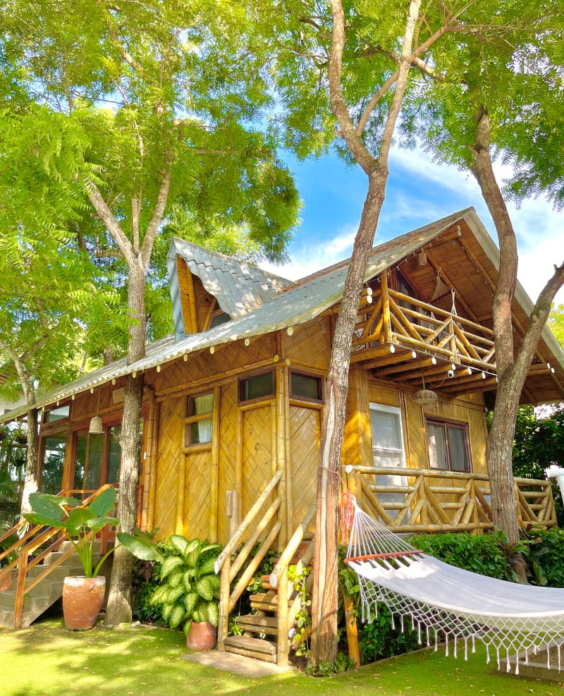 Exterior of bamboo house with potted plants, landscaping, and hammock.