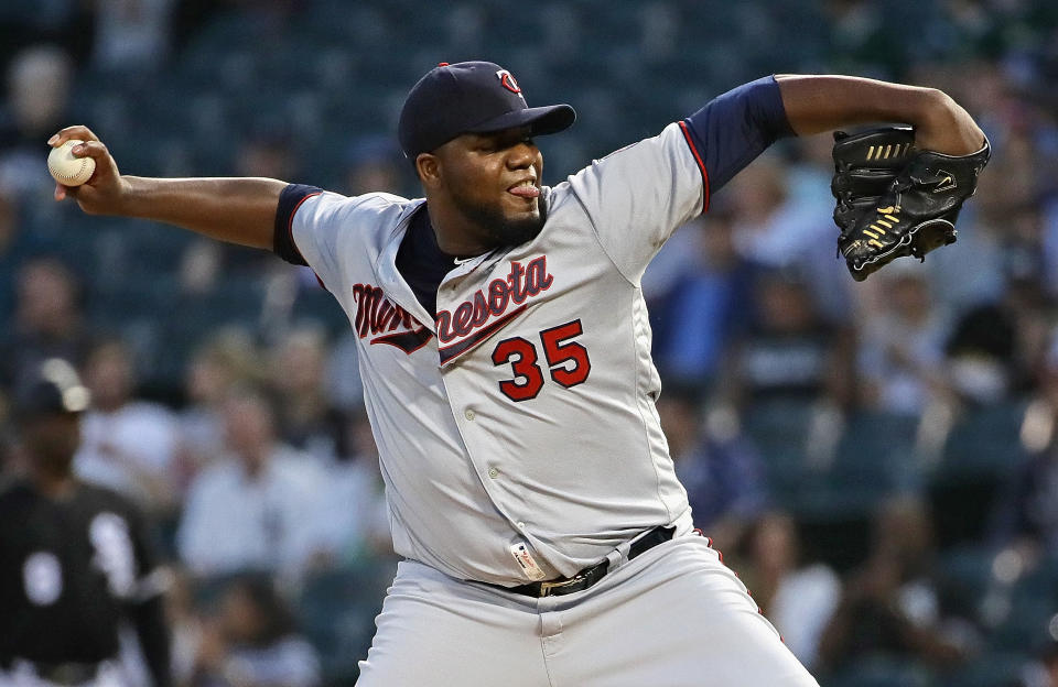 CHICAGO, ILLINOIS - AUGUST 27: Starting pitcher Michael Pineda #35 of the Minnesota Twins delivers the ball against the Chicago White Sox at Guaranteed Rate Field on August 27, 2019 in Chicago, Illinois. (Photo by Jonathan Daniel/Getty Images)