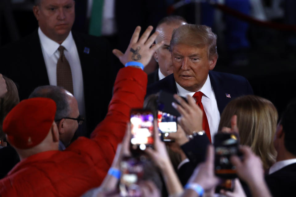 President Donald Trump takes greets supporters after a FOX News Channel Town Hall, co-moderated by FNC's chief political anchor Bret Baier of Special Report and The Story anchor Martha MacCallum, in Scranton, Pa., Thursday, March 5, 2020. (AP Photo/Matt Rourke)