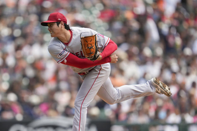 Shohei Ohtani of the Los Angeles Angels celebrates wearing a