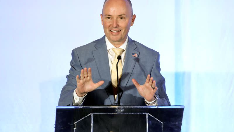 Gov. Spencer Cox speaks at The Little America Hotel in Salt Lake City on Jan. 31, 2024. Cox traveled to Washington, D.C., on Wednesday and made an appearance at three different events to highlight his “Disagree Better” campaign.