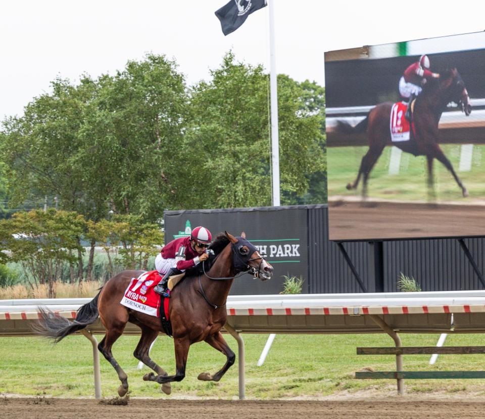 Dornoch approaches the finish line in the $1 million NYRA Bets Haskell Stakes at Monmouth Park in Oceanport, N.J. on July 20, 2024.