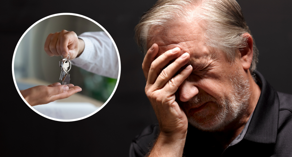 Set of keys next to stock photo of stressed man