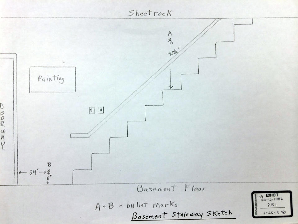 In this photo of a drawing released by Morrison County Attorney's Office, the basement stairs of Minnesota home of Byron Smith where Smith shot and killed two teenagers during a break-in is seen. Smith was convicted Tuesday, April 29, 2014, of premeditated murder. A day after Byron Smith was found guilty of premeditated murder, jurors said the audio of the Thanksgiving Day 2012 killings of two unarmed teens _ a recording that the 65-year-old switched on before the break-in occurred _ was key in his conviction. (AP Photo/Morrison County Attorney's Office via The Star-Tribune)