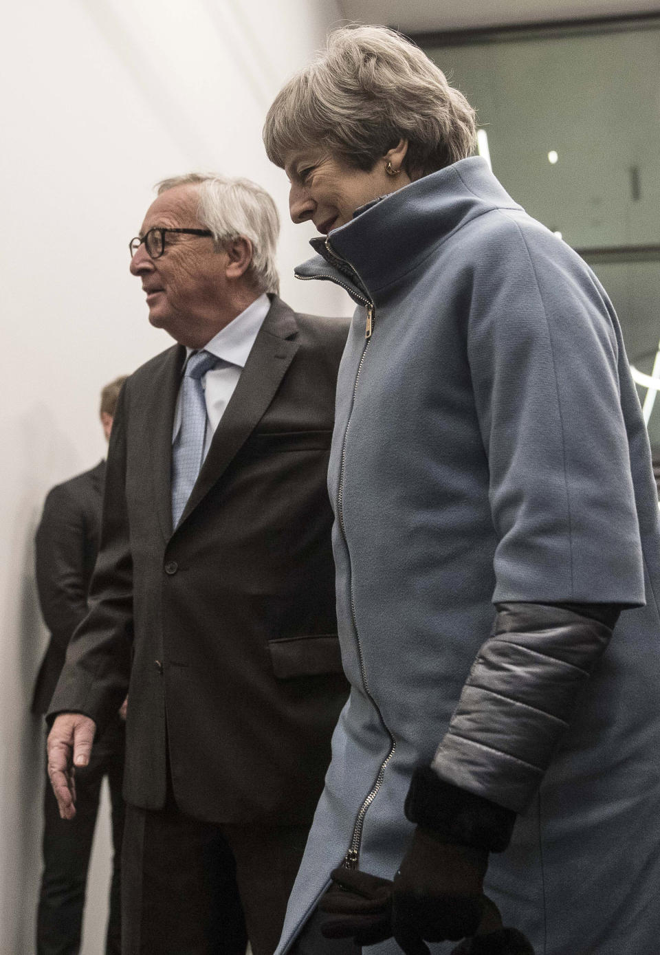 European Commission President Jean-Claude Juncker, left, welcomes Britain's Prime Minister Theresa May at the European Parliament in Strasbourg, eastern France, Monday, March 11, 2019. Prime Minister Theresa May is making a last-ditch attempt to get concessions from EU counterparts on elements of the agreement they all reached late last year. (AP Photo/Jean-Francois Badias, Pool)