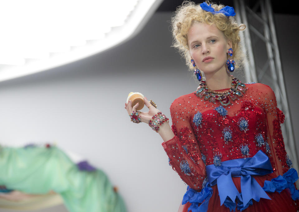 A model wears a designs from the Spring/Summer 2013 Meadham Kirchoff collection at a central London venue, during London Fashion Week, Tuesday, Sept. 18, 2012. (AP Photo/Joel Ryan)