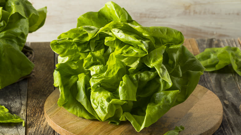 whole butter lettuce head on wooden cutting board