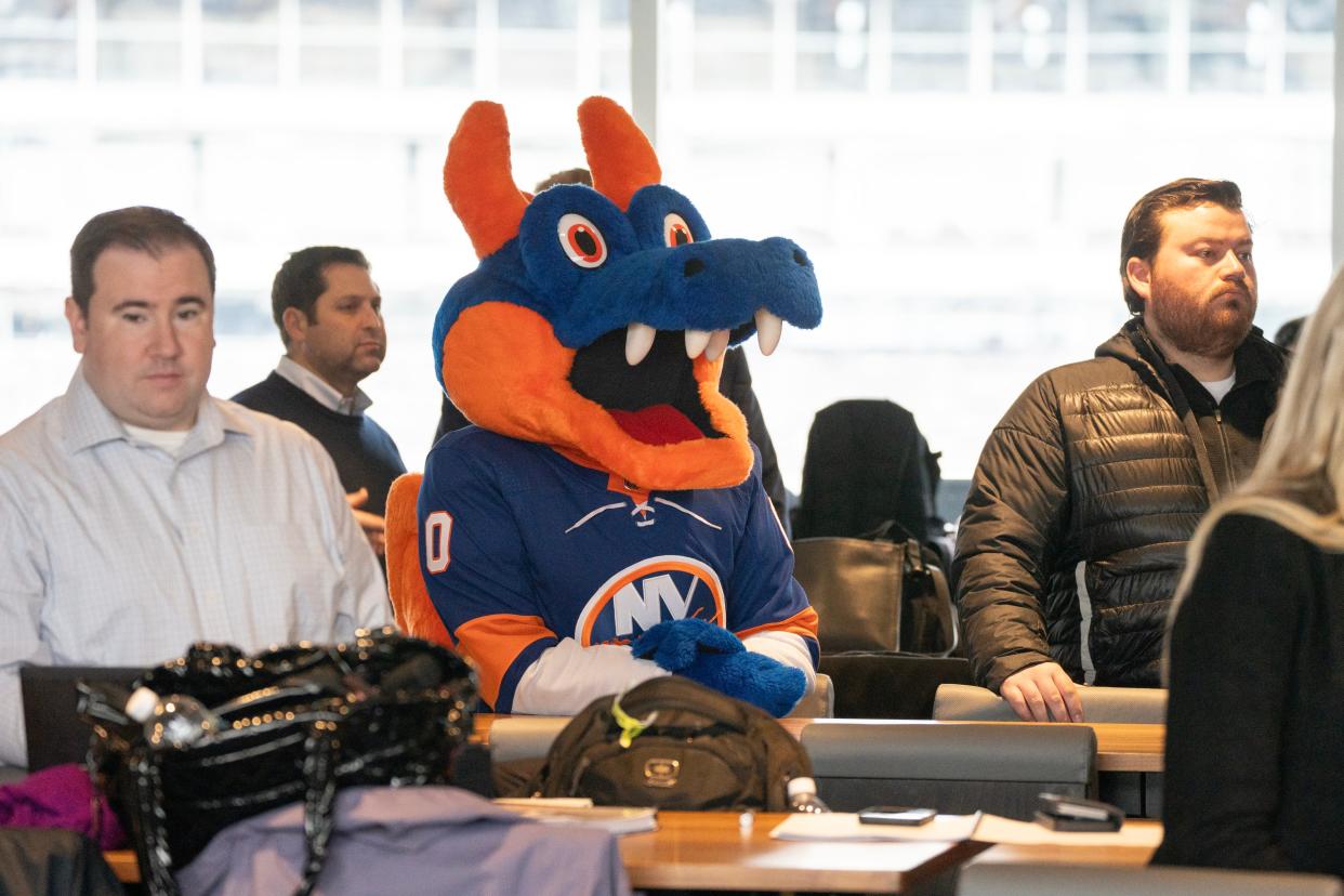The New York Islanders mascot Sparky The Dragon at the press conference. The NHL announces a series of game to be played outdoors at MetLife Stadium in February involving the Devils, Rangers, Islanders and Flyers at a press conference in East Rutehrford, NJ on Wednesday Nov. 1, 2023.