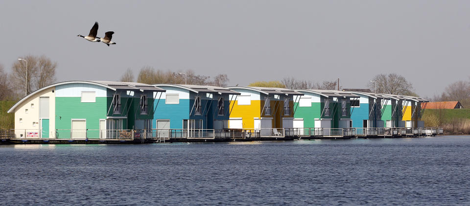 In this photo taken Wednesday, March 28, 2012 birds fly above floating homes on the River Maas in Maasbommel, Netherlands. The Netherlands, a third of which lies below sea level, has been managing water since the Middle Ages and has thus emerged as a pioneer in the field, exporting its expertise to Indonesia, China, Thailand, Dubai and the Republic of the Maldives, an Indian Ocean archipelago that with a maximum elevation of about 2 meters (8 feet) is the world's lowest country. (AP Photo/Bas Czerwinski)