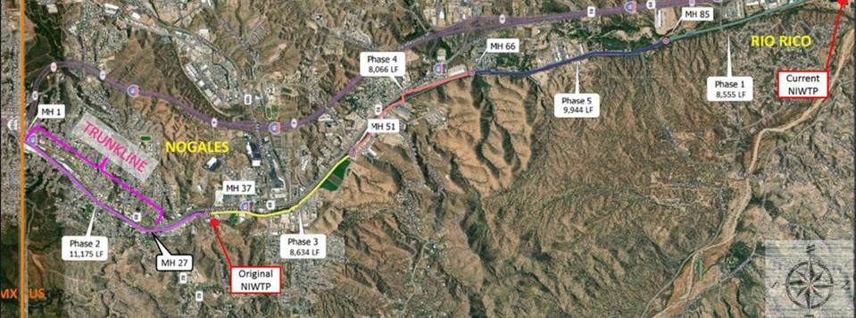 Map of the rehabilitation project for the International Outfall Interceptor. Repairs on the sewage pipeline carrying wastewater from Nogales, Sonora, to an international treatment plant in Rio Rico, Arizona, are expected to conclude in late 2024.