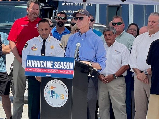 Sen. Rick Scott speaks during a Thursday, May 30, 2024, hurricane preparedness press conference outside The RUDE Shrimp, 450 Harbor Ct., on Fort Myers Beach.