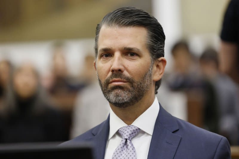 Donald Trump Jr. sits in the courtroom to testify as the defense calls its first witnesses in the civil fraud trial of the Trump Organization on Monday in New York. Photo by Michael M. Santiago/UPI