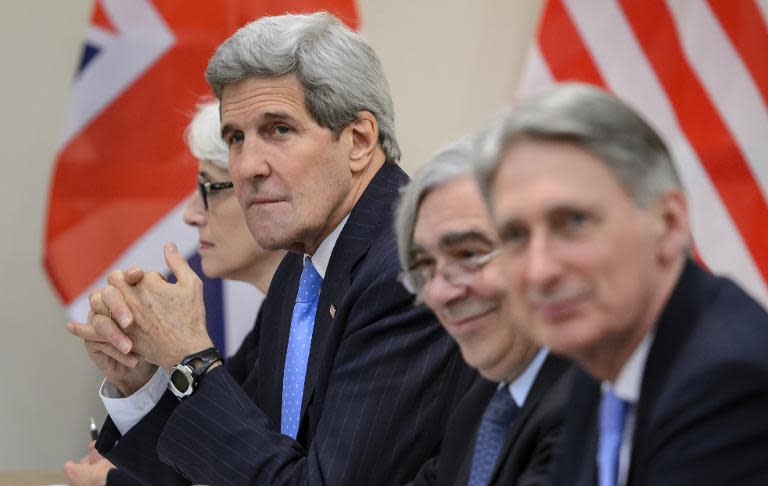 (L-R) US Under Secretary for Political Affairs Wendy Sherman, Secretary of State John Kerry, Secretary of Energy Ernest Moniz and British Foreign Secretary Philip Hammond before the P5+1 meeting in Lausanne on March 29, 2015