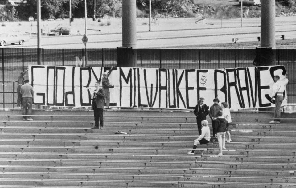 A sign says "Goodbye Milwaukee Braves" at the Milwaukee Braves'  last game of the season in 1965.