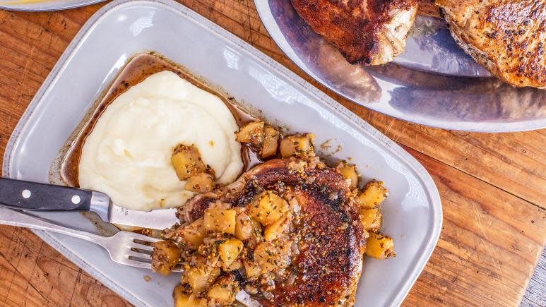 Rachael's Pork Chops with Honey, Herb, Dijon Applesauce