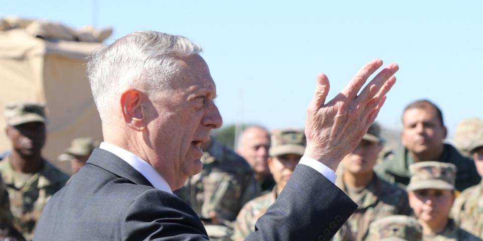 James Mattis, U.S. Secretary of Defense, speaks with troops from the 56th Multifunctional Medical Battalion, 62nd Medical Brigade at Base Camp Donna in Donna, Texas, U.S., November 14, 2018.