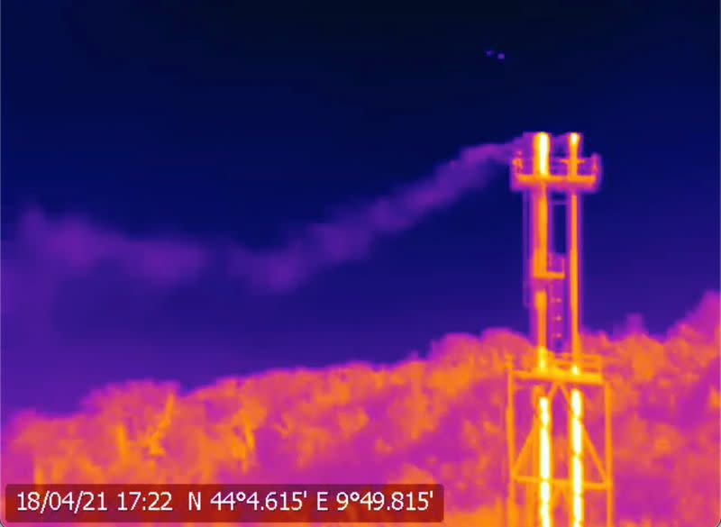 A handout screen grab from thermographic video footage shot with an infrared camera at SNAM's Panigaglia LNG terminal near La Spezia