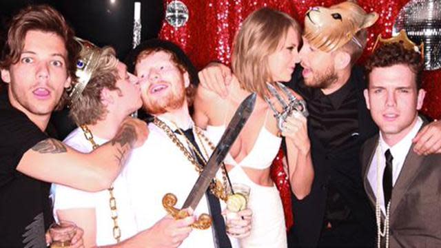 We’ve already seen <strong>Taylor Swift</strong> and <strong>Calvin Harris</strong>’ first kiss caught on camera (or maybe we didn’t, it’s hard to tell) at an after-party for the 2015 Taylor Swift Awards -- er, we mean Billboard Music Awards. But there’s a different picture we need to talk about ASAP. Taylor, Calvin, and half of the <strong>One Direction</strong> boys. In the same picture. <strong> NEWS: Taylor Swift just landed the No. 1 spot on Maxim’s 2015 Hot List</strong> The picture was tweeted out by Taylor’s brother, <strong>Austin Swift</strong> (who celebrated graduating from Notre Dame by partying in Vegas with all his sister’s famous friend. NBD.), and Taylor retweeted it: Last night was a wild ride #DoneWithCollege pic.twitter.com/rOVCi7SwzL— Austin Swift (@austinswift7) May 19, 2015 Let’s break this down together: Twitter First of all, looks like there’s no bad blood -- get it? -- between Taylor and at least half of 1D: L <strong>ouis Tomlinson</strong> and <strong>Niall Horan.</strong> <strong>Liam Payne</strong> was also at the party, but apparently didn’t make the photo. Noticeably absent? <strong>Zayn Malik</strong>! Just kidding, he's not in One Direction anymore. <strong>Harry Styles</strong> -- obviously -- who left Vegas right after the BMAs ended. Twitter The exes were cordial to each other as recently as January, when they ran into each other in L.A., but probably best to avoid any of the awkwardness of Taylor and Calvin’s tour de PDA. (Which, sidebar: Awwww! Cute!) http://blame1989.tumblr.com/post/119372895547/more-photobooth-pics Elsewhere in the same circle of friends: <strong>Ed Sheeran</strong>, the co-host of the after party, doesn’t appear to have any lingering beef with Niall, after rumors that Niall ended Ed and his ex-girlfriend <strong>Ellie Goulding</strong>’s relationship (and inspired the cheating anthem “Don’t” in the process). If you’re not up-to-date on your 1D members, Niall is the one kissing Ed. <strong>PHOTOS: Take a look back at all of Taylor Swift's famous ex-boyfriends</strong> Now, here’s where things get more complicated: <strong>Joe Jonas</strong> was there too. As you know, Taylor and Joe dated way back when -- he broke up with her over the phone, or so she says -- and now Joe is rumored to be dating Taylor’s good friend, <strong>Gigi Hadid</strong>, who recently broke up with <strong>Cody Simpson</strong>. Dang, this dating pool is incestuous. Anyway, back to Taylor and Calvin: Check out how cozy the couple got during their first official award show together!