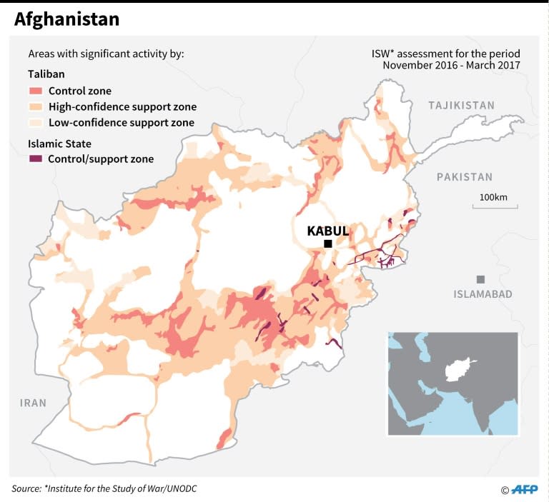 Areas in Afghanistan under the control and influence of Taliban and Islamic State militants