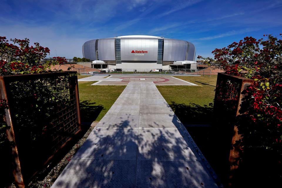 State Farm Stadium is shown, Friday, Feb. 3, 2023, in Glendale, Ariz. The stadium will host the NFL Super Bowl LVII football game on Feb. 12. (AP Photo/Matt York)