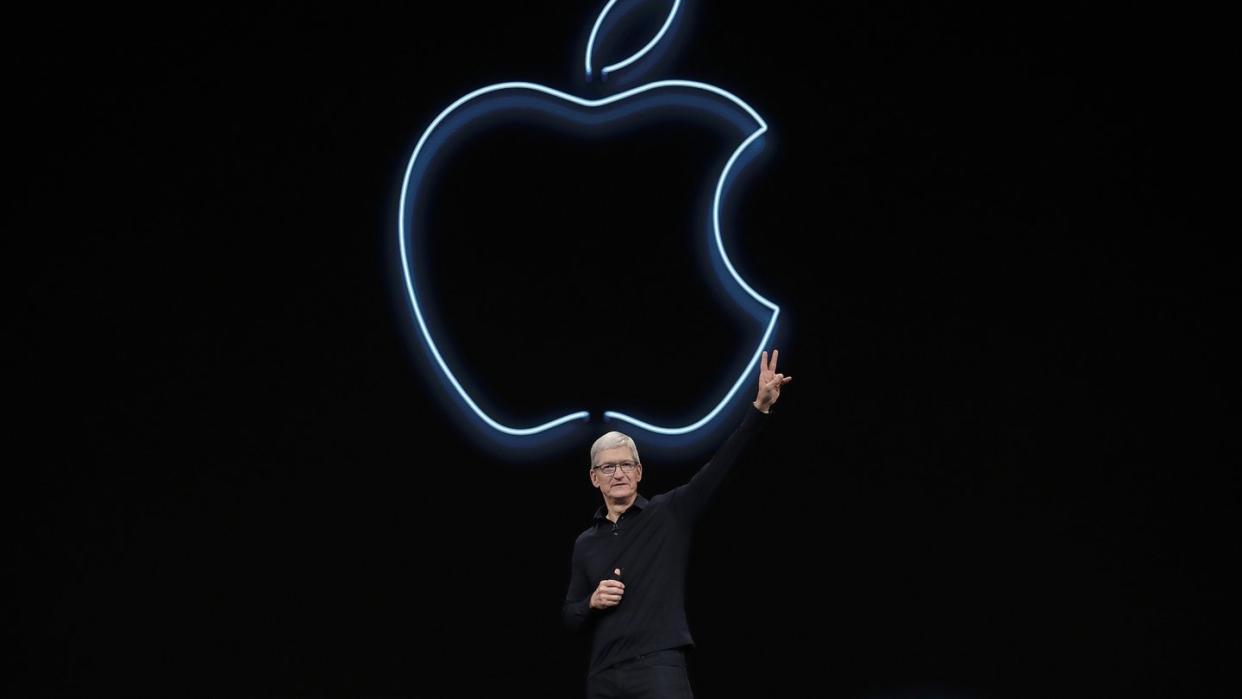 Tim Cook, CEO von Apple, spricht auf der Apple-Entwicklerkonferenz WWDC. Foto: Jeff Chiu/AP