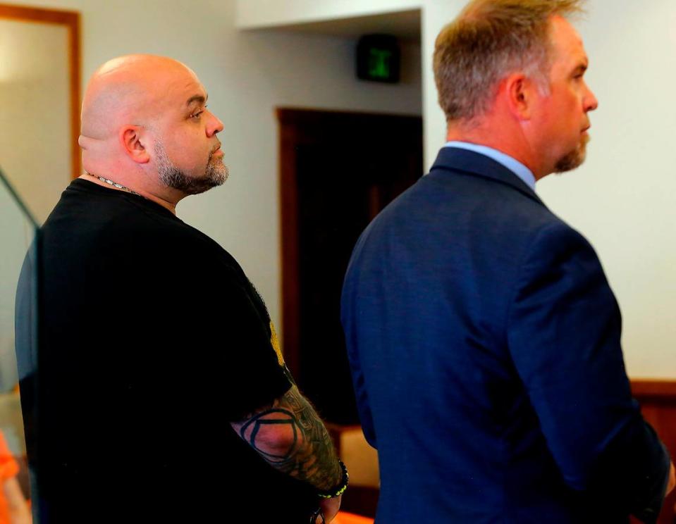 Joel T. Watson, left, appeared in Franklin County Superior with defense attorney Alexander Johnson in July 2022.