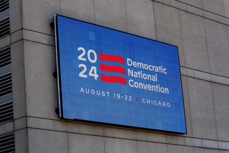 An LED sign located on the United Center displays a DNC 2024 logo and information for the upcoming Democratic National Convention (DNC), during a media walk through of the facility in Chicago, Illinois on May 22, 2024.