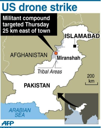 Map showing the area in Pakistan's tribal district where a US drone strike on a militant compound Thursday killed five insurgents