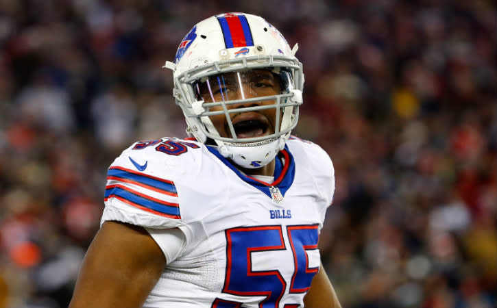 Nov 23, 2015; Foxborough, MA, USA; Buffalo Bills defensive end Jerry Hughes (55) during the second half against the New England Patriots at Gillette Stadium. Mandatory Credit: Winslow Townson-USA TODAY Sports