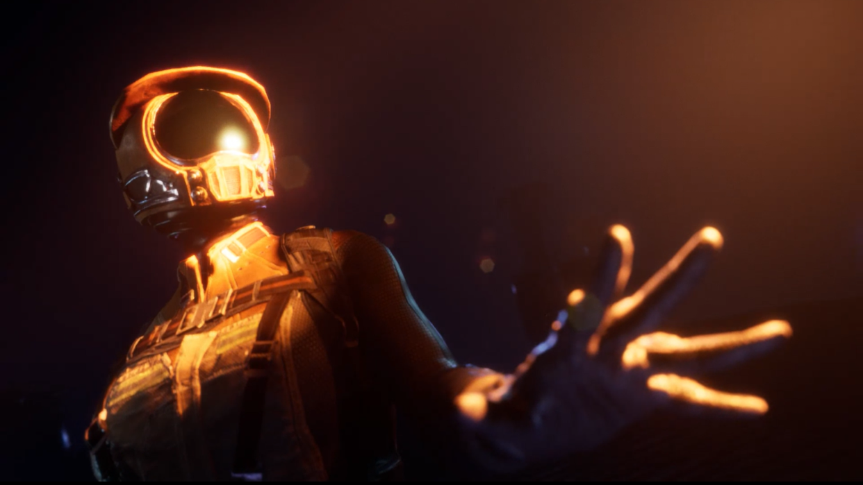  Character in space suit looking at a bright light. 