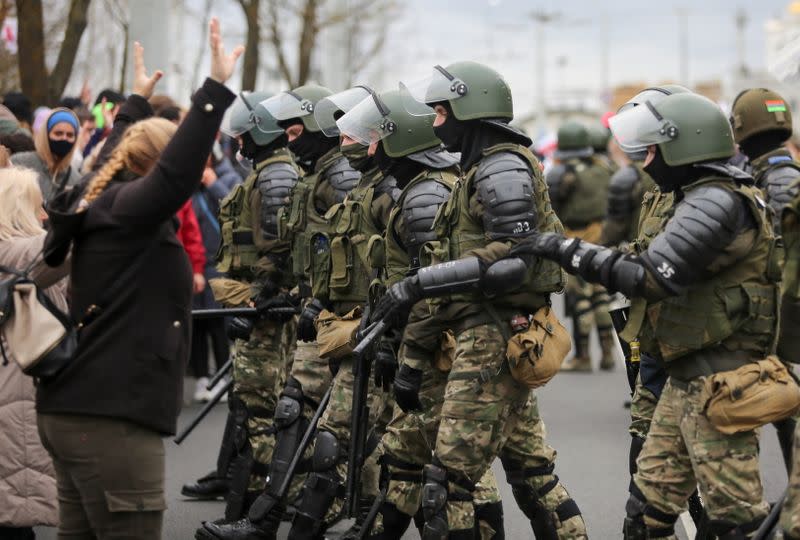 Belarusian opposition supporters hold a rally in Minsk