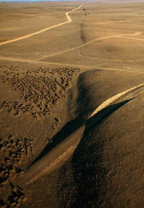 View looking southeast along the surface trace of the San Andreas fault in the Carrizo Plain, north of Wallace Creek. Elkhorn Rd. meets the fault near the top of the photo.