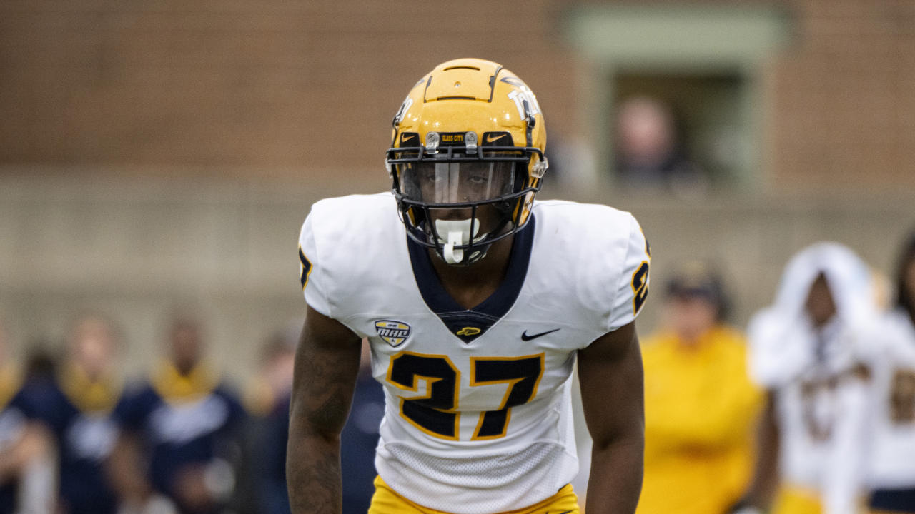 Toledo cornerback Quinyon Mitchell (27) during an NCAA football game on Saturday, Oct. 14, 2023, in Muncie, Ind. (AP Photo/Doug McSchooler)