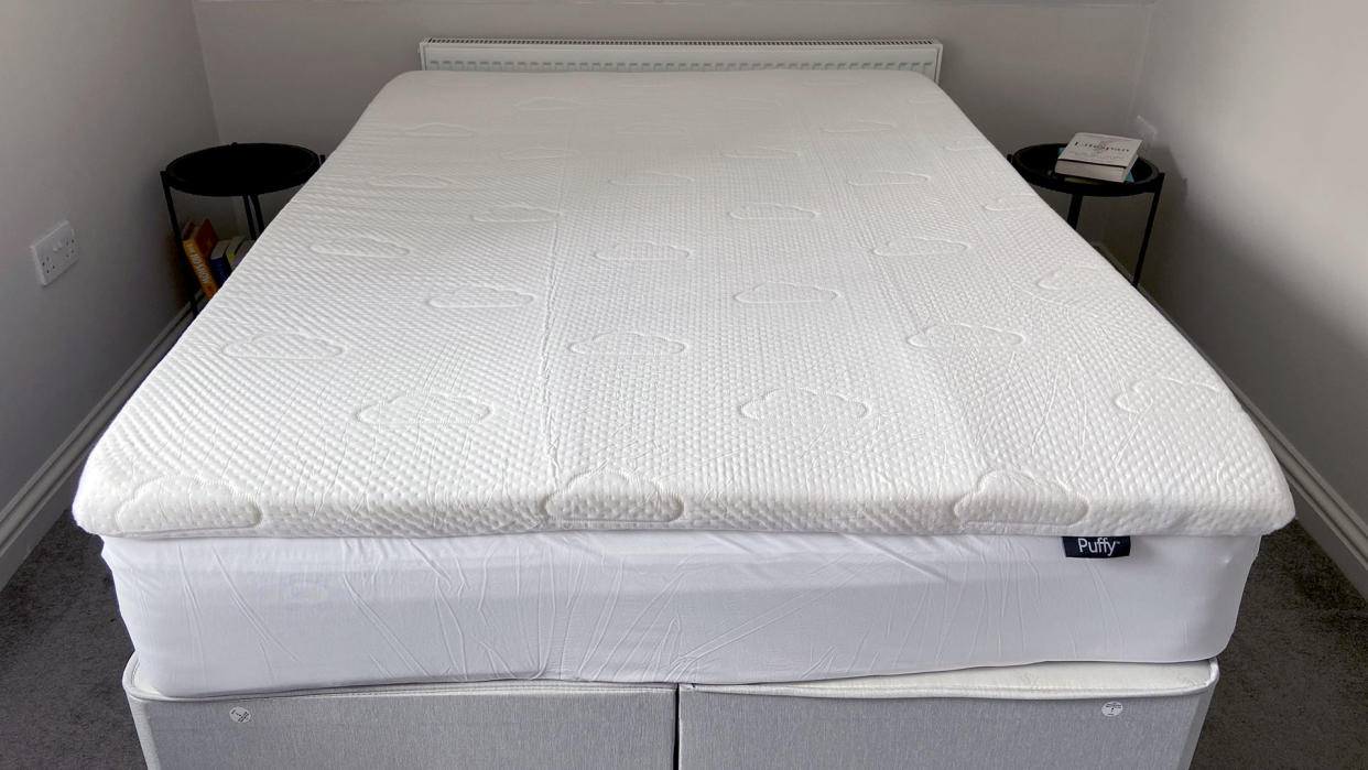  Puffy Deluxe Mattress Topper on a mattress in reviewer's bedroom 