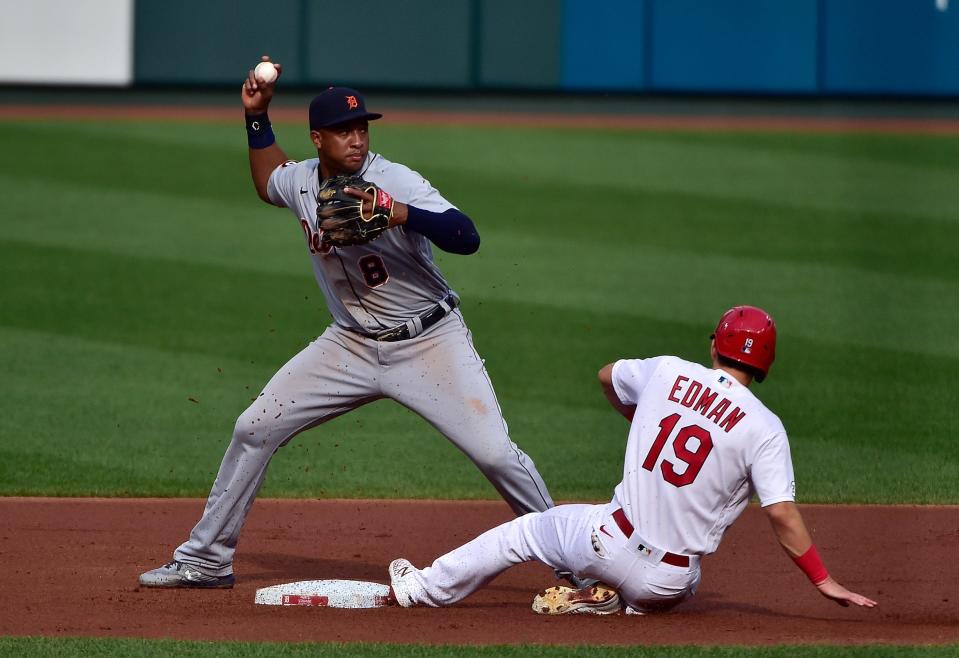 Tigers second baseman Jonathan Schoop turns a double play as Cardinals right fielder Tommy Edman slides during the first inning in the second game of a doubleheader against the Cardinals on Thursday, Sept. 10, 2020, in St. Louis.