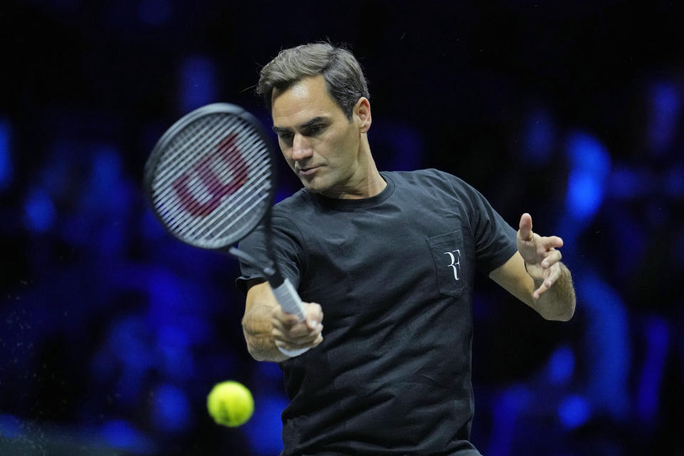 Switzerland's Roger Federer attends a training session ahead of the Laver Cup tennis tournament at the O2 in London, Thursday, Sept. 22, 2022. (AP Photo/Kin Cheung)