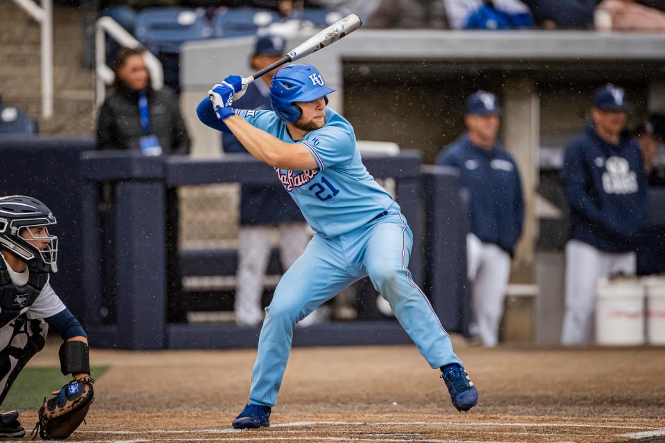 Kansas baseball catcher Jake English looks to get a hit during a March 28, 2024 game against BYU in Provo, Utah.