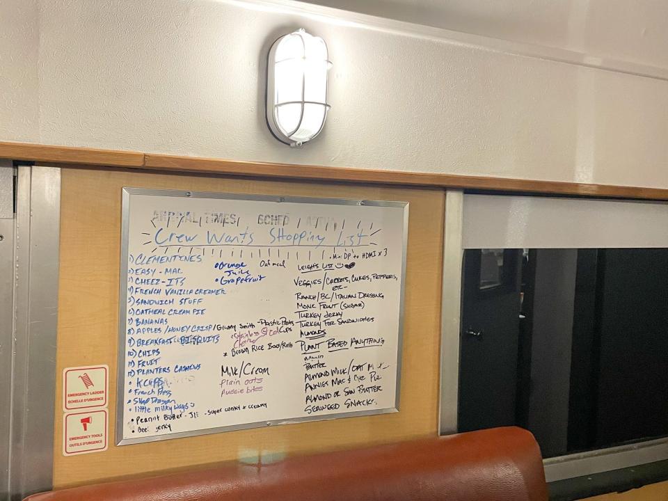 A whiteboard outlines all the snacks Zach Lucas buys for his crew.
