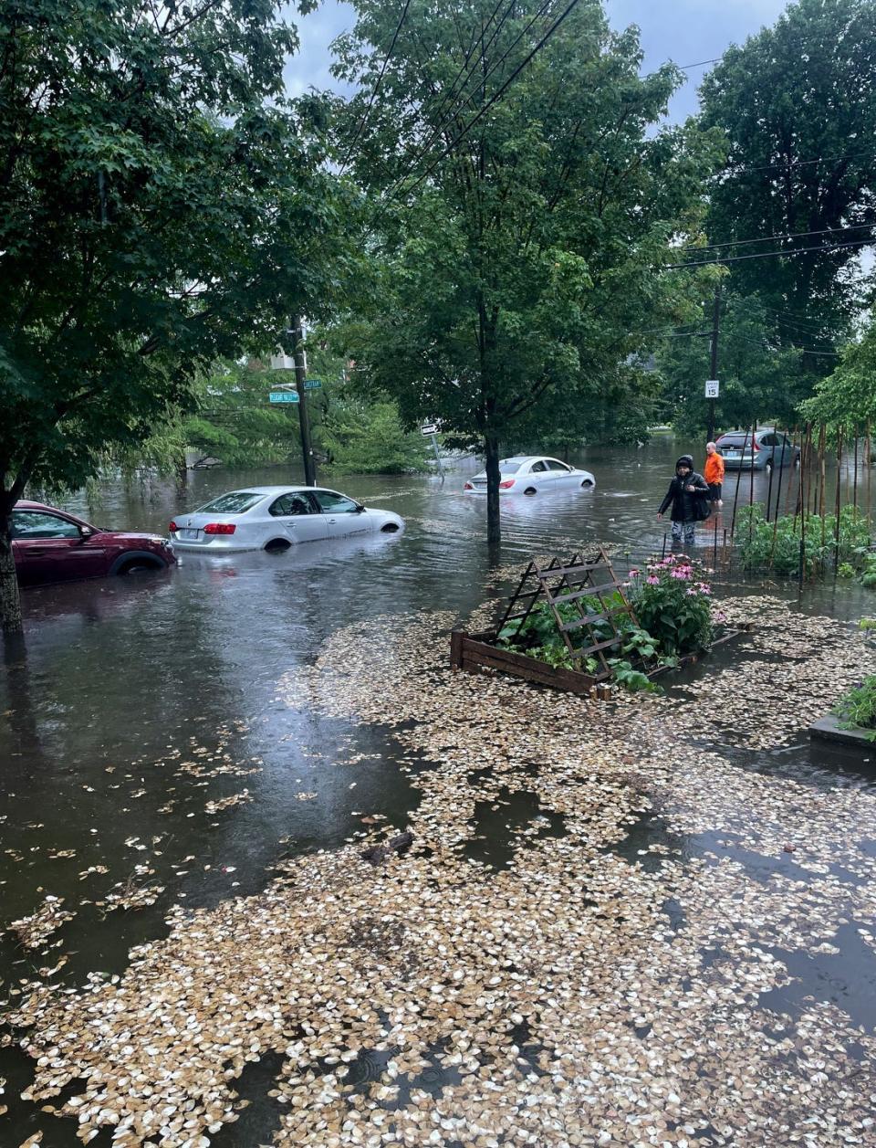 Floodwaters partially submerge cars in front of the home of Sydney Hunt on Pleasant Valley Parkway in Providence during heavy rains July 4.   Photo courtesy of Sydney Hunt.