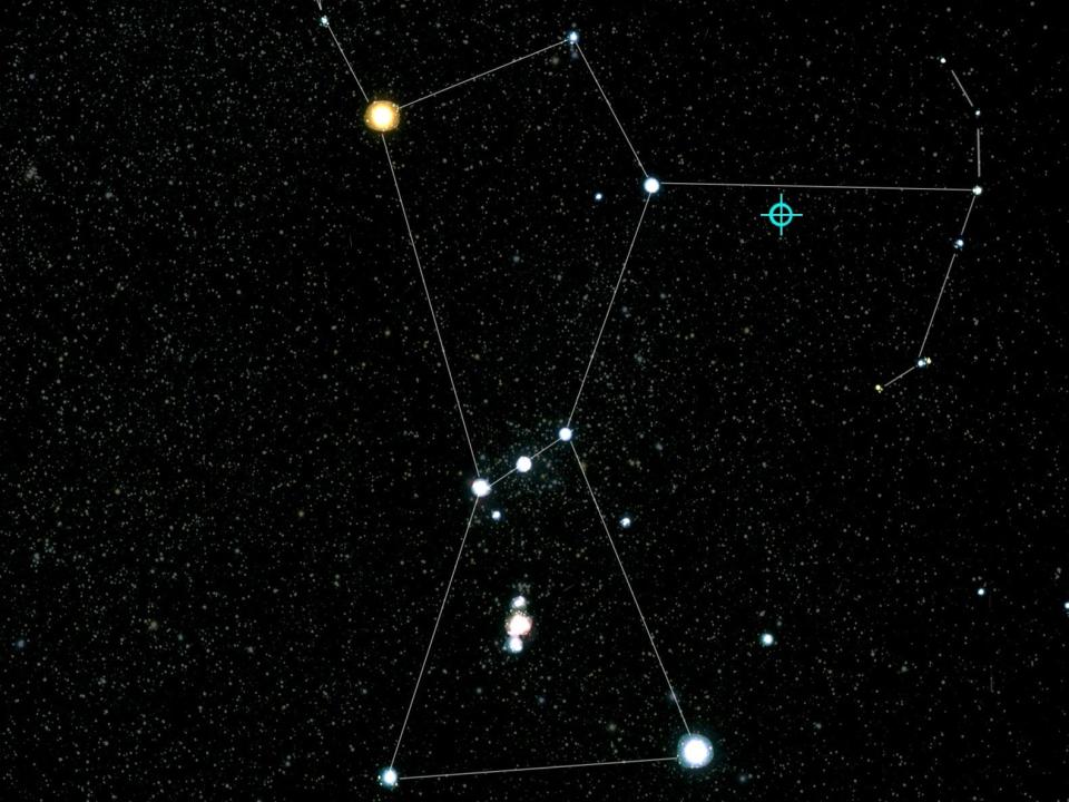 Das Sternbild Orion ist am Nachthimmel leicht zu erkennen. Suchen Sie einfach nach den drei hellen Sternen, die den Gürtel des Orion bilden. - Copyright: IceCube/NASA/NSF