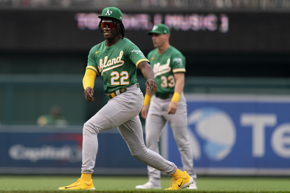 Oakland Athletics right fielder Lawrence Butler (22) warms up before a baseball game against the Washington Nationals, Saturday, Aug. 12, 2023, in Washington. (AP Photo/Stephanie Scarbrough)