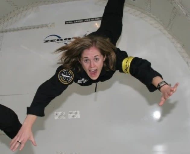 A fellowship program for women in aerospace pays tribute to space industry pioneer Brooke Owens, shown here during a zero-G airplane flight. (Photo courtesy of the Brooke Owens Fellowship Program)