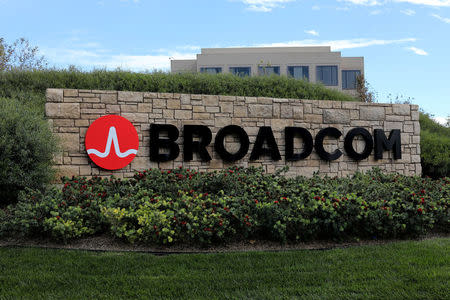 FILE PHOTO: A sign to the campus offices of chip maker Broadcom Ltd, is shown in Irvine, California, U.S., November 6, 2017. REUTERS/Mike Blake/File photo