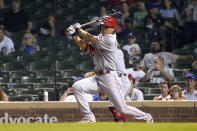 Cincinnati Reds' Shogo Akiyama watches his RBI double off Chicago Cubs relief pitcher Cory Abbott during the ninth inning of a baseball game Wednesday, July 28, 2021, in Chicago. The Reds won 8-2. (AP Photo/Charles Rex Arbogast)