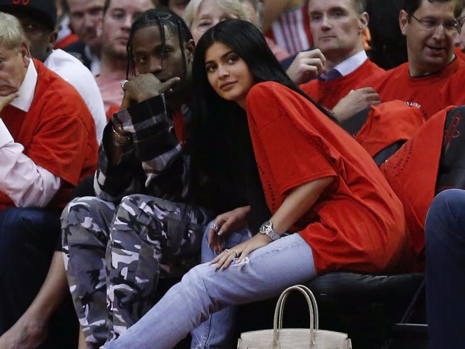 Kylie is yet to confirm that she is expecting her first child with rapper Travis Scott. The pair are pictured here together back in April. Source: Getty