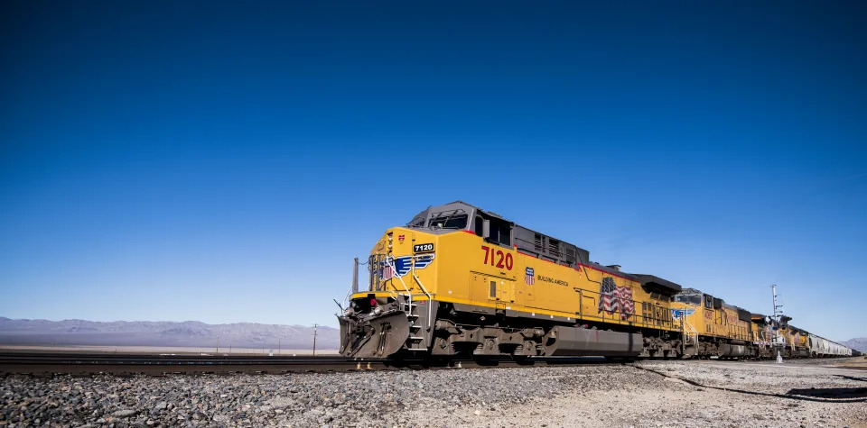 UNITED STATES - AUGUST 30: A Union Pacific freight train passes the railroad crossing in Nipton, California on Aug. 30, 2019. (Photo By Bill Clark/CQ-Roll Call, Inc via Getty Images)